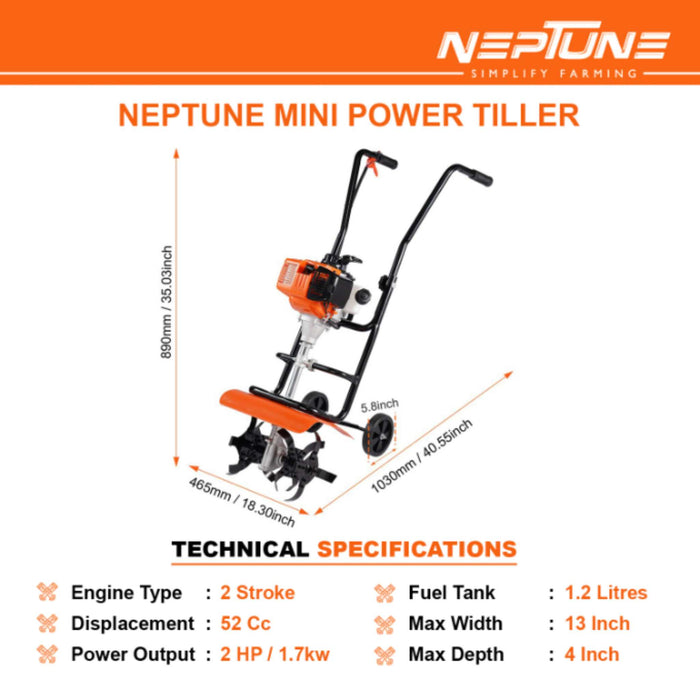Petrol-powered Neptune mini tiller with 5–12 cm adjustable tilling depth