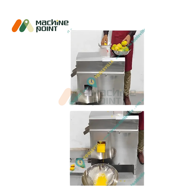 Commercial mango processing with pulp machine showing input and output stages.