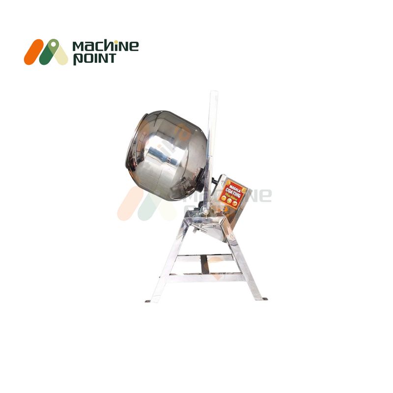 Tilting flavouring pan machine with 1HP motor and tripod stand, ideal for coating namkeen and snacks.