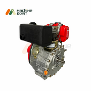 Rear-side close-up of GeeNex diesel engine highlighting the black exhaust silencer, fuel system, and metallic engine body with shaft output.