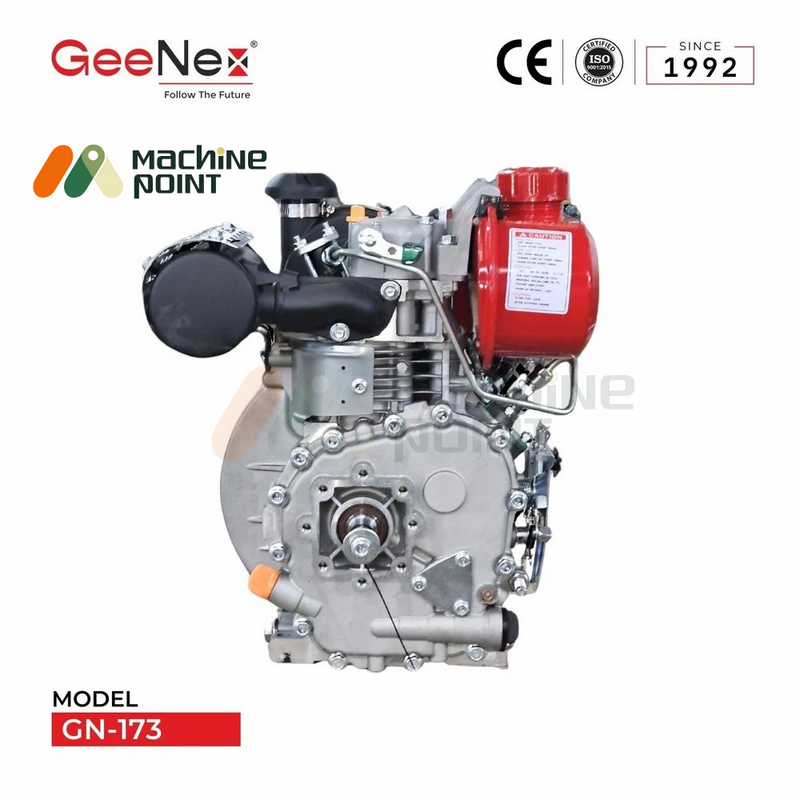 Side view of GeeNex GN-168 WF diesel engine displaying the recoil start mechanism and air filter, designed for agricultural and industrial use.