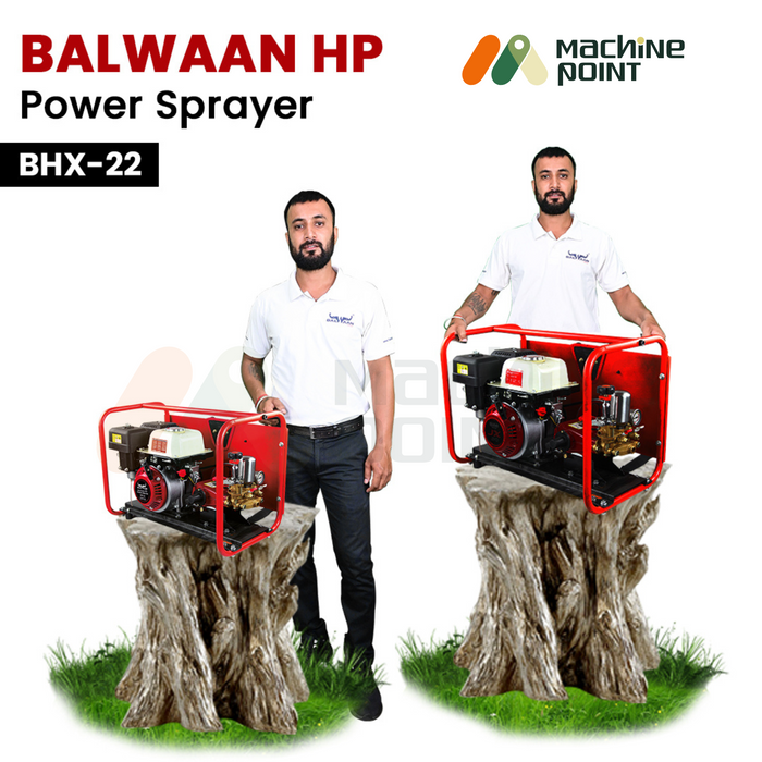 Man showcasing the Balwaan BHX-22 HTP Power Sprayer with 2 HP engine, highlighting the compact and portable design suitable for agricultural use.