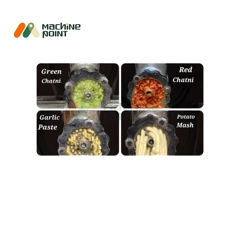 Chatani Machine output types – green chutney, red chutney, garlic paste, and mashed potato shown through grinding plate.