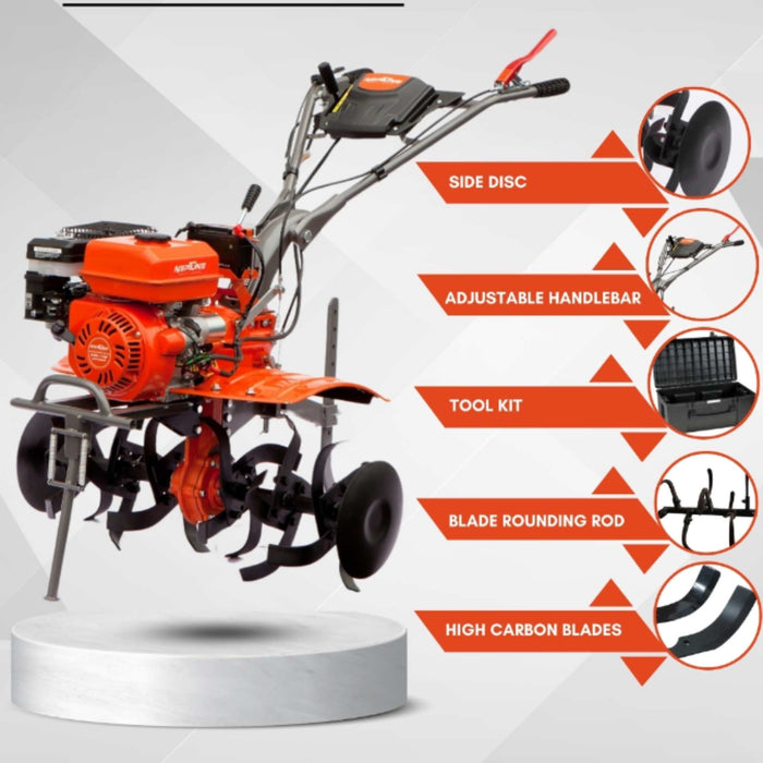 Neptune power tiller with 10 cm cultivation depth and strong metal blade system