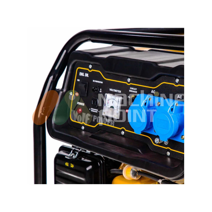 Yellow and black 389 CC generator with ON/OFF switch panel and 100% copper alternator – Machine Point