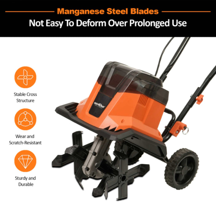 Neptune mini tiller showing 8-inch tilling depth and forward-rotating tines