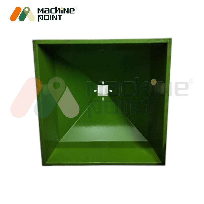 Sturdy metal square hopper attached to 6N100 rice mill, built for long-lasting use and efficient paddy feeding.