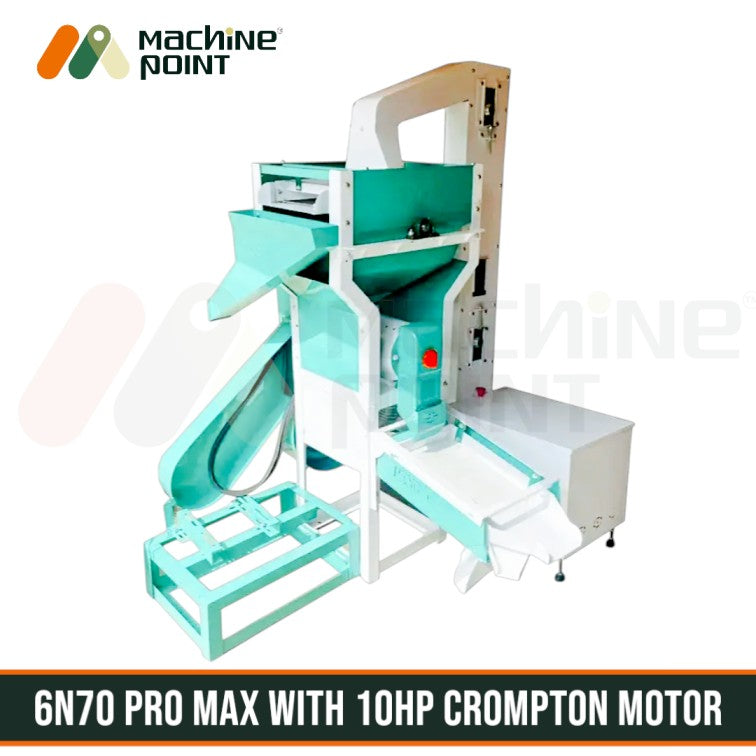 6N70 Pro Max mini rice mill with 10 HP Crompton motor, destoner, grader, and elevator