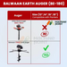 Comparison between other brand augers (52CC, 63CC) and Balwaan 173CC Earth Auger BE-180, showing compatibility with larger drill bits (12”, 14”, 16”, 18”) for planters; only Balwaan model marked compatible.