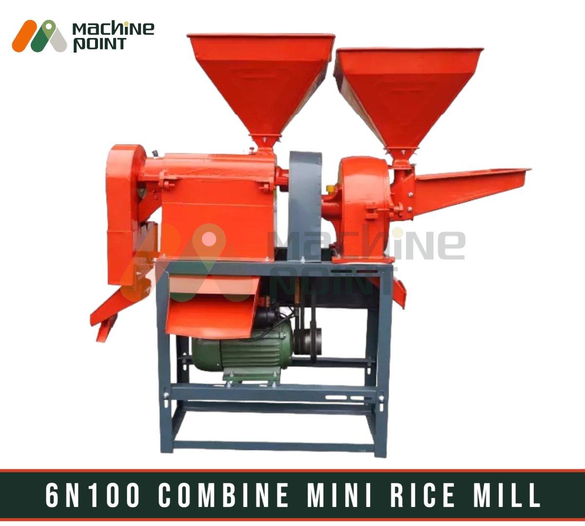 Combine rice mill with copper motor: Powerful agricultural machinery for efficient rice processing, featuring dual hoppers and a robust metal frame design.