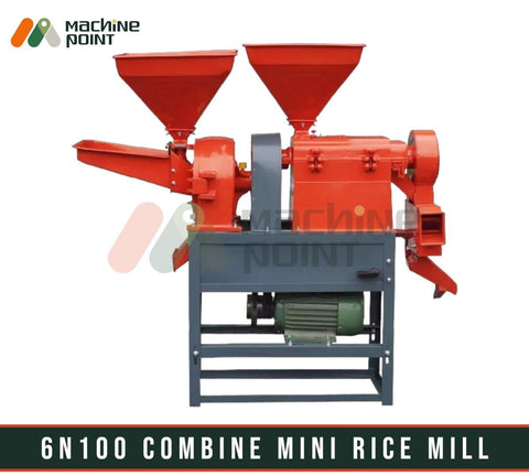 Compact 6N100 combine mini rice mill with copper motor on display. Efficient agriculture equipment for processing rice from Machine Point, a store specializing in high-quality industrial and commercial food processing machinery.