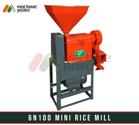 Compact 6N100 Mini Rice Mill from Machine Point. Efficient agriculture machinery for professional food processing. Red mill with hopper for industrial-scale rice milling.