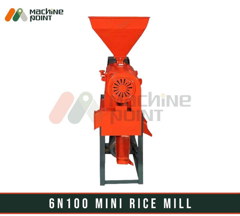 6N100 Mini Rice Mill - Compact and efficient rice processing machine for industrial and commercial use, featuring a vibrant red color and a sturdy design.