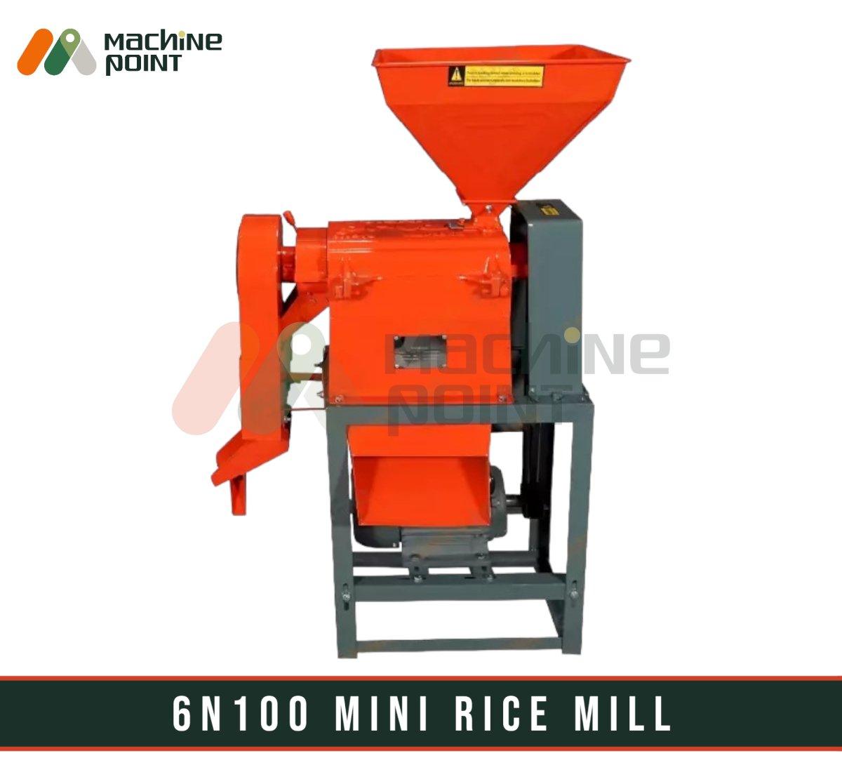 Compact 6N100 Mini Rice Mill from Machine Point, a reliable agriculture and food processing equipment supplier. The bright orange mill features a hopper for efficient grain handling.