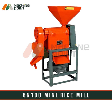 6N100 Mini Rice Mill - A compact and efficient agriculture equipment for milling rice, featuring a sturdy metal frame and vibrant orange color.