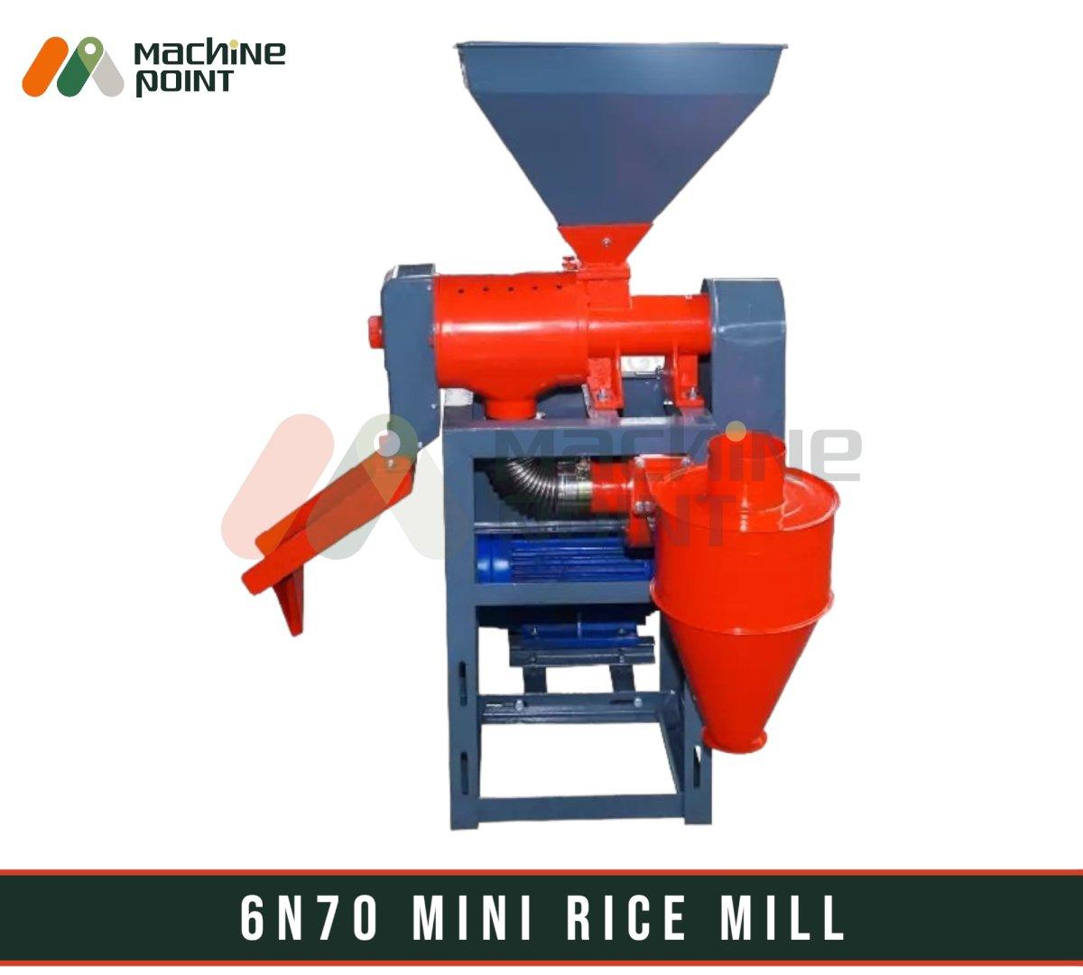 6N70 Mini Rice Mill by Machine Point - A compact and efficient rice processing machine with a sturdy steel frame and hopper for industrial and commercial use.