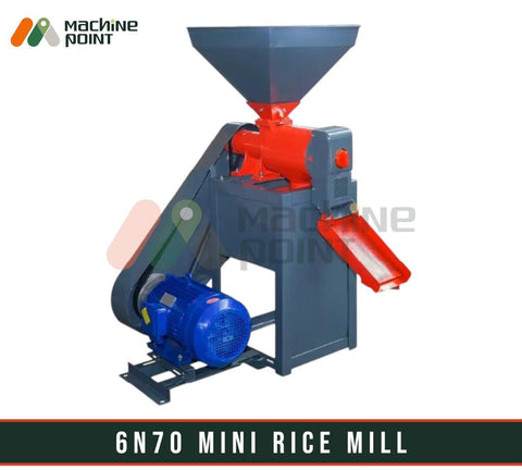 Compact 6N70 Mini Rice Mill for industrial and commercial use. Durable machinery with hopper and grinding components, suitable for efficient rice processing. Manufactured by Machine Point, a leading provider of high-quality agriculture and food processing equipment.