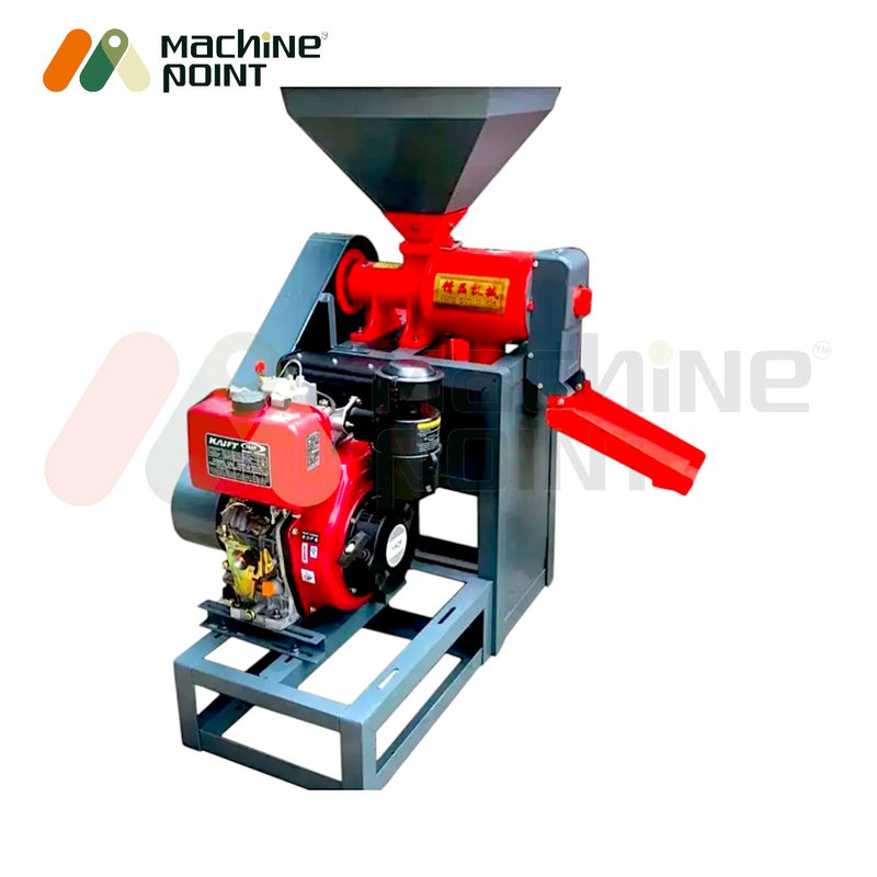 High-capacity rice mill with 600–700 kg/hr output and rectangular 20 kg hopper