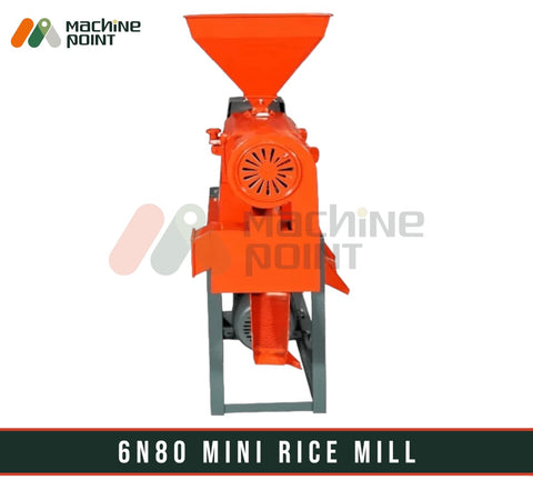 6N80 Mini Rice Mill with Motor - A compact and efficient agriculture machine for industrial and commercial rice processing, featuring a vibrant orange color and a sturdy design.