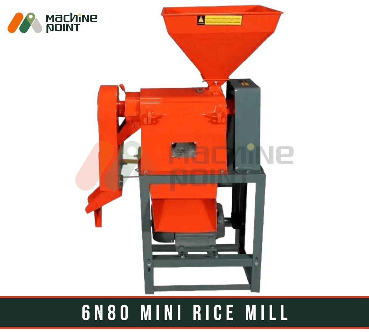 Compact orange 6N80 Mini Rice Mill with Motor displayed in the image. This efficient agriculture machinery is suitable for industrial and commercial use, helping process rice effectively.