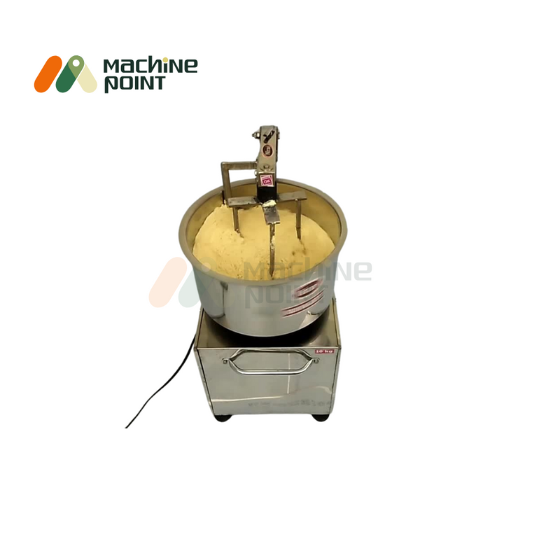 15KG Besan Mixing Machine with fine besan mixture inside stainless steel rotating bowl.