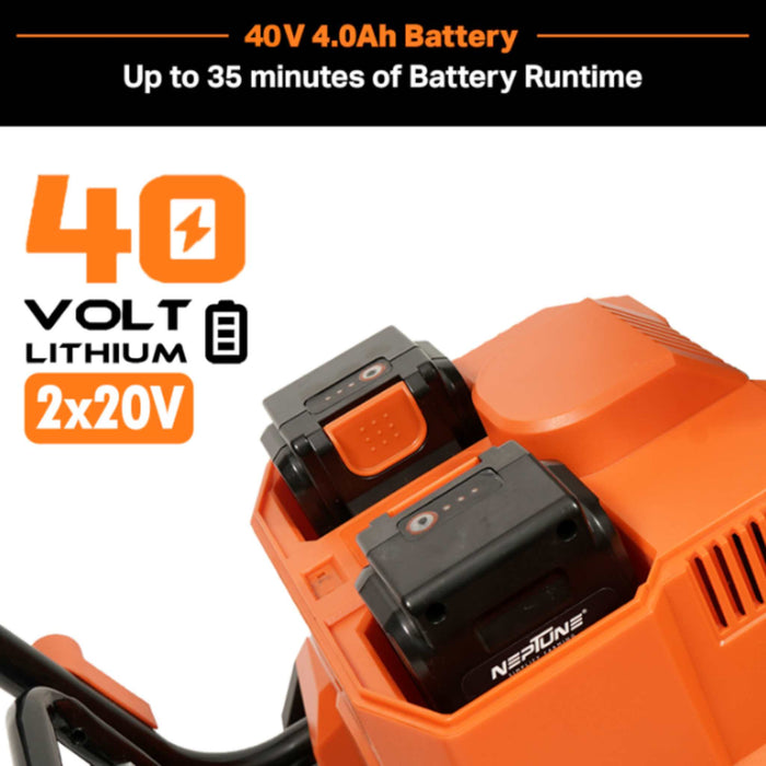 Side view of Neptune NC-40B cordless tiller with steel blades and handle