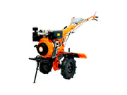 Side view of ADIYOGI power weeder with arc-type handle and 32 dry blades