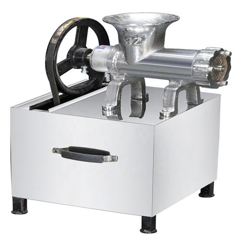 Chatani Machine with motor and stand – side view showing aluminum body, feeding hopper, and sturdy base cabinet with handle.