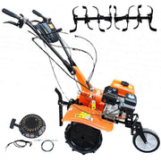 Agricultural petrol cultivator with adjustable tilling width, rubber tyres and reverse gear
