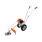 Trolley-type brush cutter displayed with engine, box, guard, gloves, and wheels

