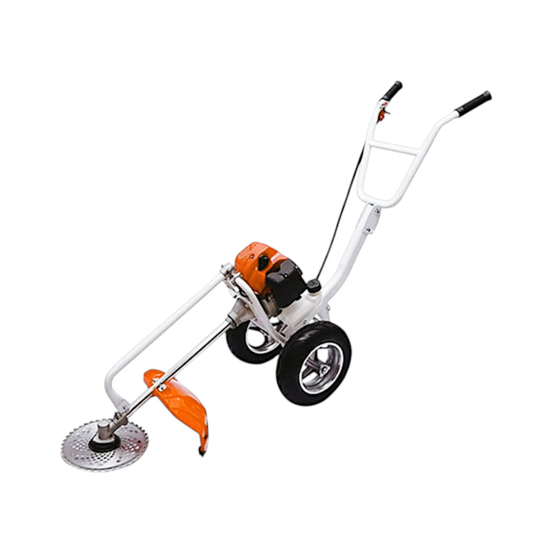 Trolley-type brush cutter displayed with engine, box, guard, gloves, and wheels

