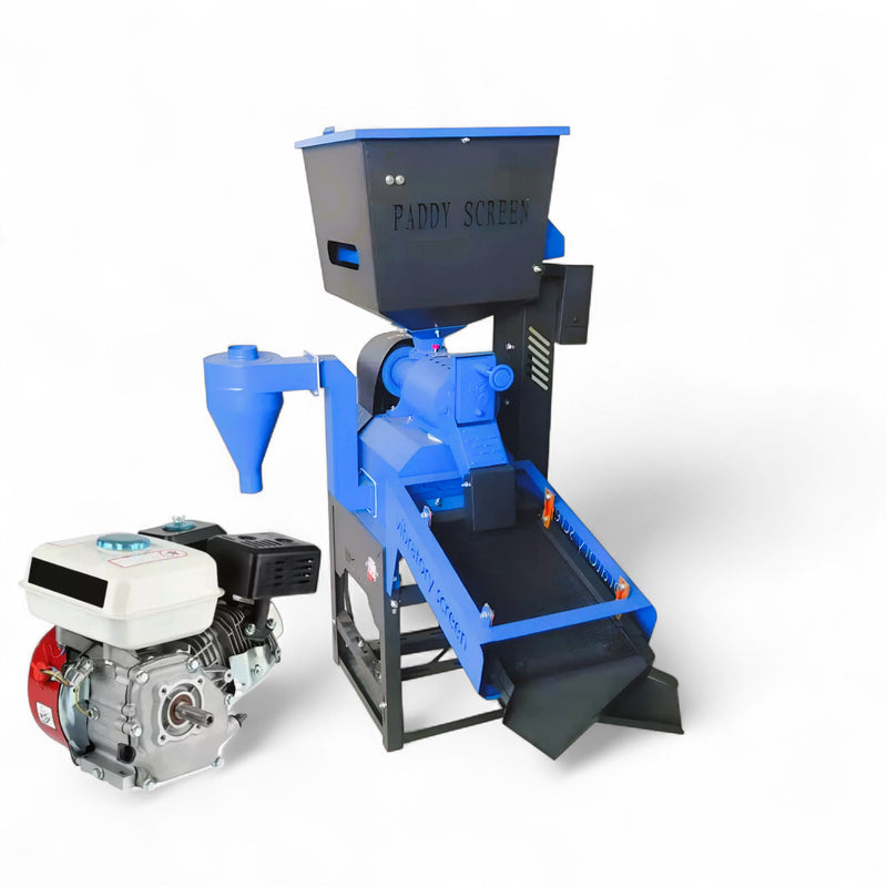 Portable rice mill with paddy cleaner and separator powered by petrol engine

