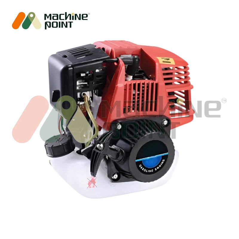 Backpack brush cutter displayed with helmet, metal blades, and accessories

