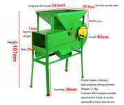 Mini portable sorting winnowing machine with engine motor for grain, dimensions highlighted, for wheat and rice processing.
