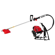 Brush cutter model GT-BG-438-GX50 displayed with blades, helmet, gloves, and accessories
