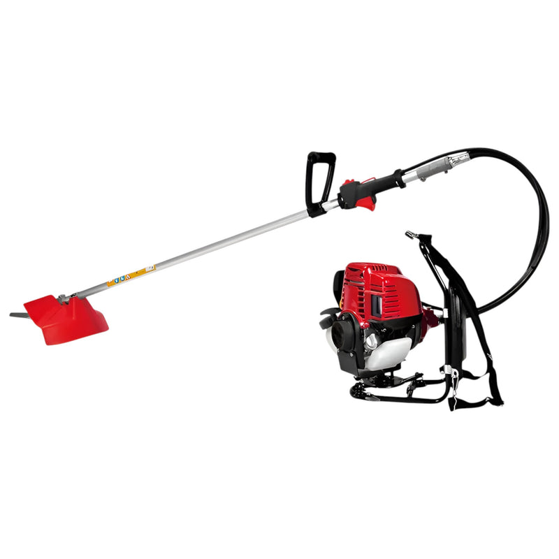 Brush cutter model GT-BG-438-GX50 displayed with blades, helmet, gloves, and accessories