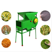 Mini portable winnowing machine for sorting grain crops, featuring a green body with an engine motor, used for wheat and rice processing.