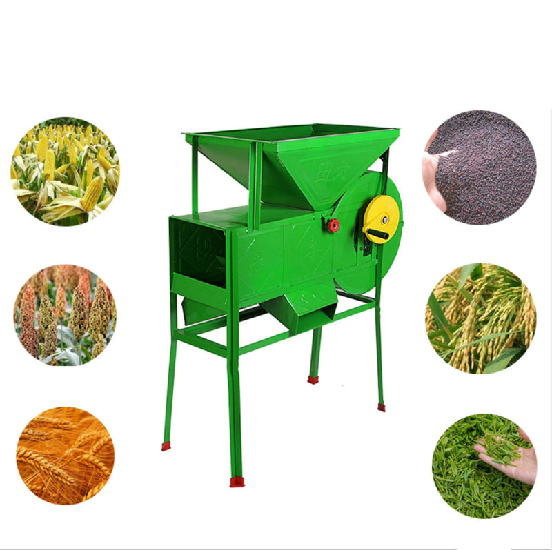 Mini portable winnowing machine for sorting grain crops, featuring a green body with an engine motor, used for wheat and rice processing.
