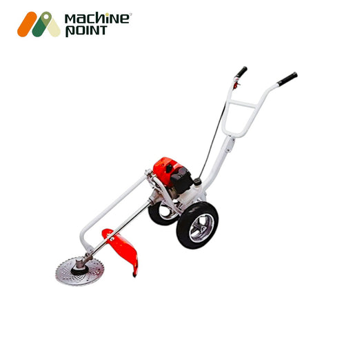 CG-530 Brush Cutter Showing Wheels, Engine, and Blade Setup

