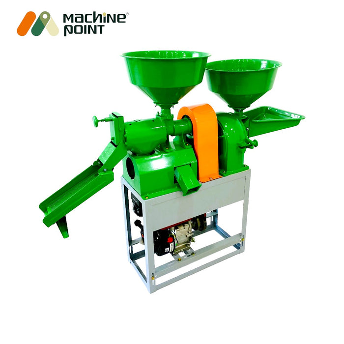 Dual-function rice mill with paddy hopper and engine setup

