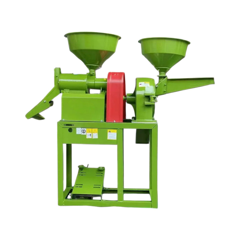 Compact rice and flour mill with round hopper, no motor included

