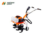 Compact red and white mini power tiller with 2-stroke engine, designed for small plot soil cultivation.

