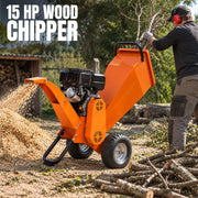 Petrol wood chipper machine with tubeless tyres for easy mobility