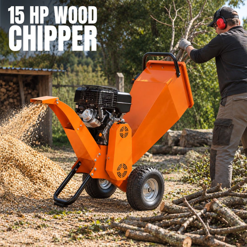 Petrol wood chipper machine with tubeless tyres for easy mobility