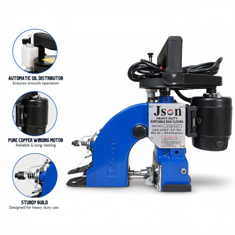 Portable sack stitching machine for grain, cattle feed, seed and industrial packaging bags