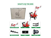 Machine Point FJ-600 petrol tiller with manual start and 4-stroke OHV engine for field cultivation.

