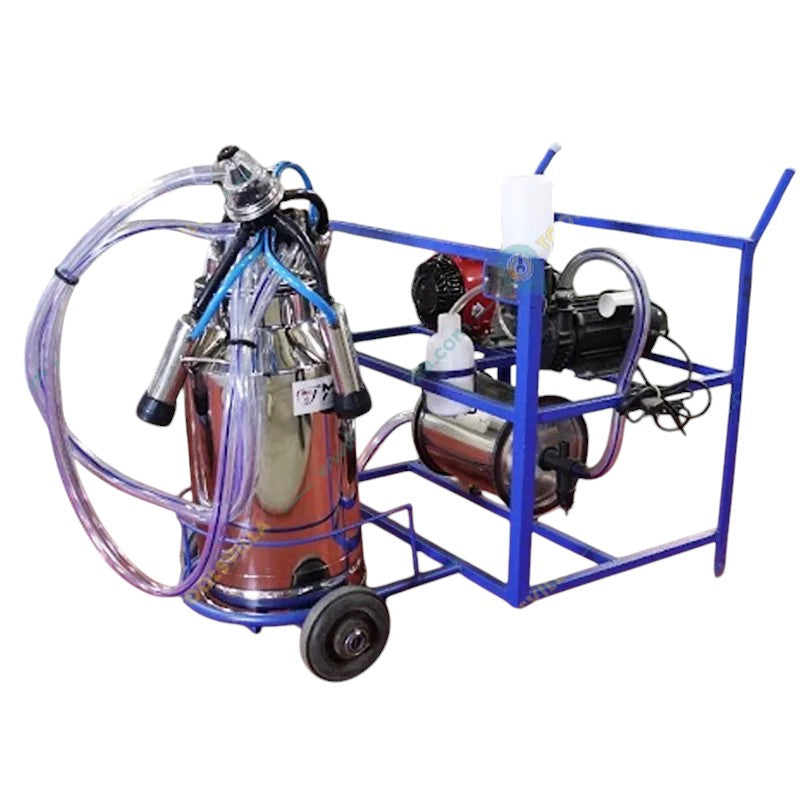 Portable cow milking machine with oil-free vacuum pump, wheels for easy mobility, and pulsator system – suitable for small and medium-sized dairy farms.”