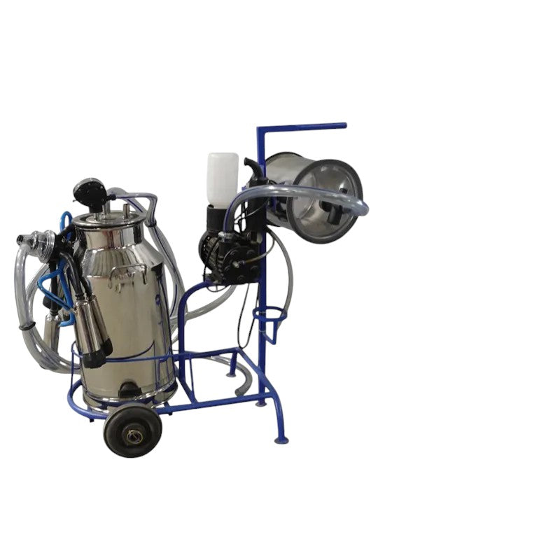 Milking machine with stainless steel milk can, dual teat cups, and transparent vacuum pipes – ideal for hygienic and efficient dairy farm operations.