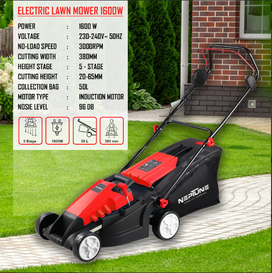LM-1600E lawn mower with 5-stage cutting height adjustment