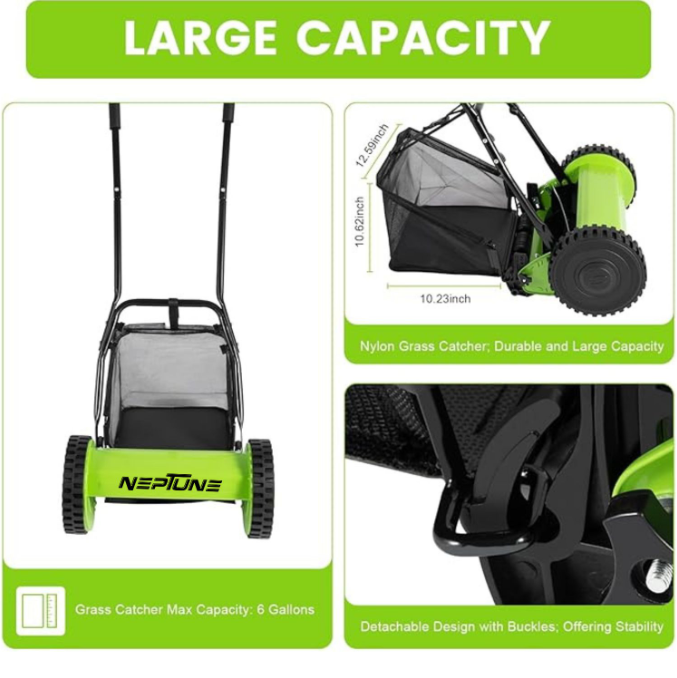 Manual push mower designed for precise and quiet mowing